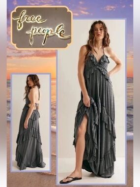 NEW Free People Beach Santa Luz Ruffle Maxi Dress XS dark gray